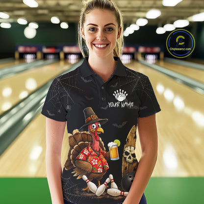 Custom Funny Beer Turkey Pumpkin Bowling Shirt For Women Polo & Quarter-Zip Halloween Bowling Jersey NYN4240