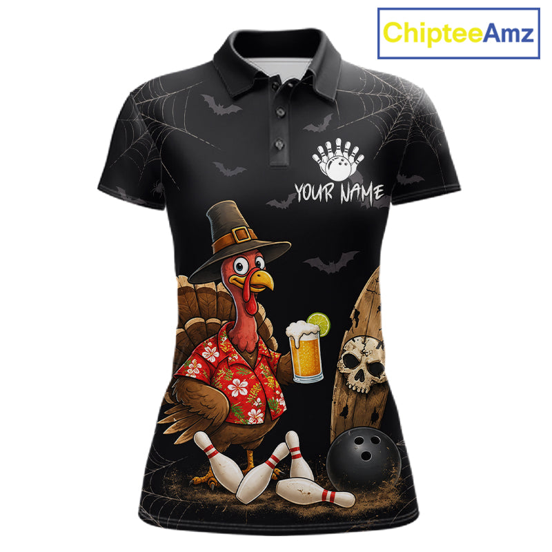 Custom Funny Beer Turkey Pumpkin Bowling Shirt For Women Polo & Quarter-Zip Halloween Bowling Jersey NYN4240