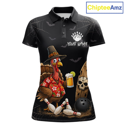 Custom Funny Beer Turkey Pumpkin Bowling Shirt For Women Polo & Quarter-Zip Halloween Bowling Jersey NYN4240