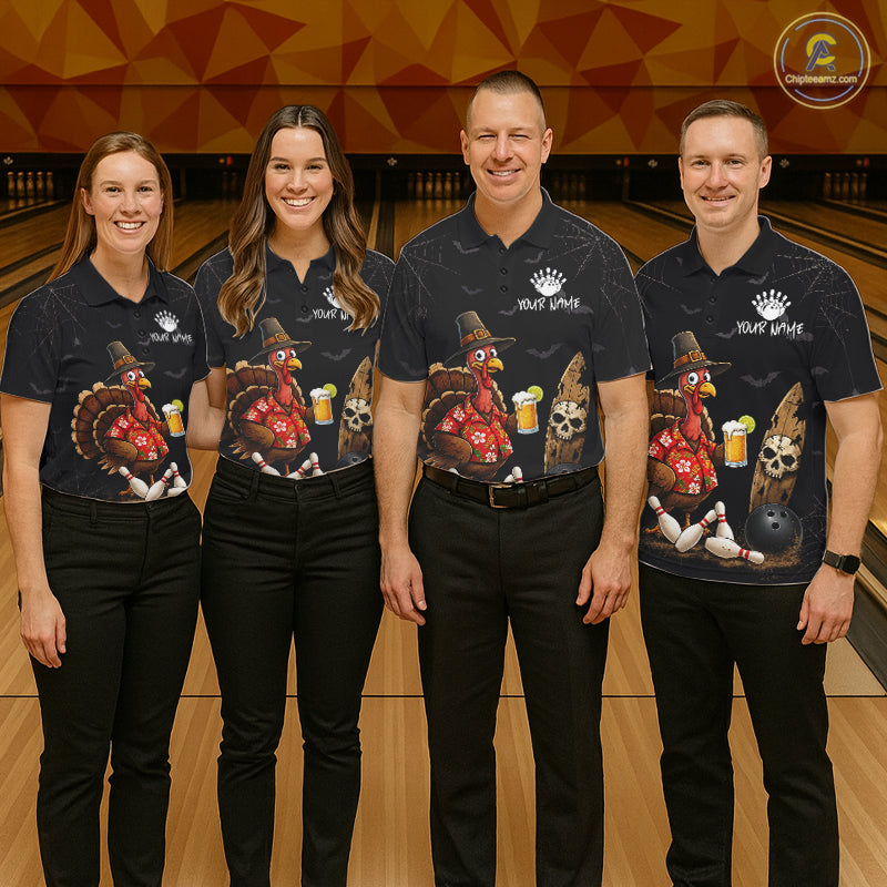 Custom Funny Beer Turkey Pumpkin Bowling Shirt For Women Polo & Quarter-Zip Halloween Bowling Jersey NYN4240