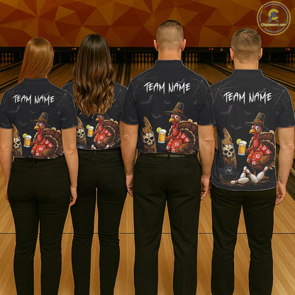 Custom Funny Beer Turkey Pumpkin Bowling Shirt For Women Polo & Quarter-Zip Halloween Bowling Jersey NYN4240