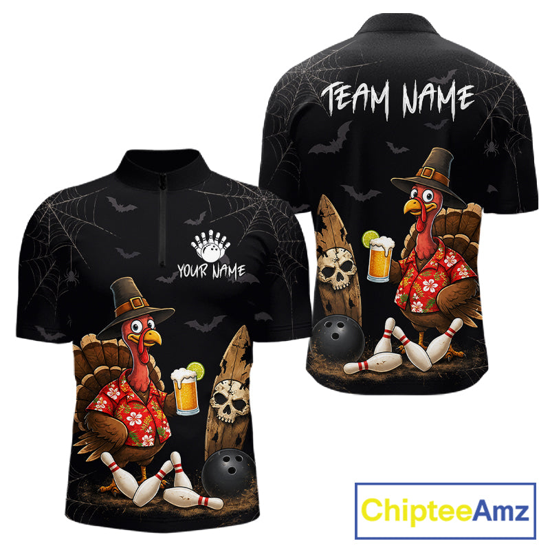 Custom Funny Beer Turkey Pumpkin Bowling Shirt For Men Polo & Quarter-Zip Halloween Bowling Jersey NYN4240