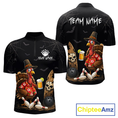 Custom Funny Beer Turkey Pumpkin Bowling Shirt For Men Polo & Quarter-Zip Halloween Bowling Jersey NYN4240