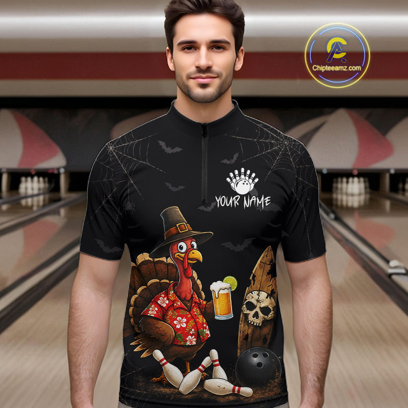 Custom Funny Beer Turkey Pumpkin Bowling Shirt For Men Polo & Quarter-Zip Halloween Bowling Jersey NYN4240
