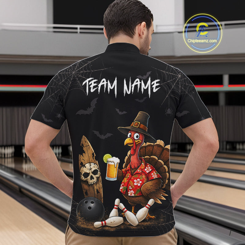 Custom Funny Beer Turkey Pumpkin Bowling Shirt For Men Polo & Quarter-Zip Halloween Bowling Jersey NYN4240