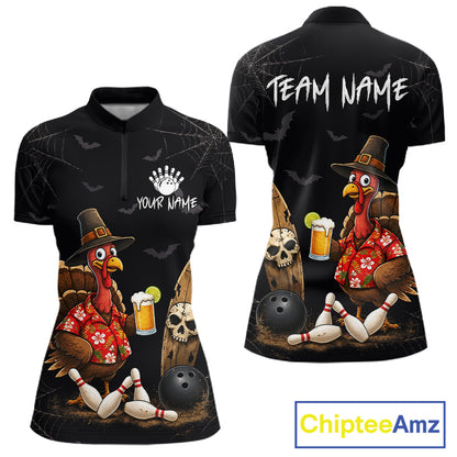 Custom Funny Beer Turkey Pumpkin Bowling Shirt For Women Polo & Quarter-Zip Halloween Bowling Jersey NYN4240