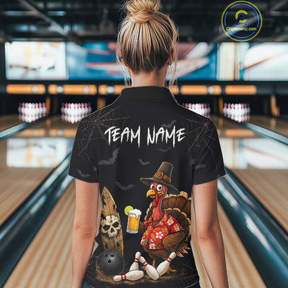 Custom Funny Beer Turkey Pumpkin Bowling Shirt For Women Polo & Quarter-Zip Halloween Bowling Jersey NYN4240