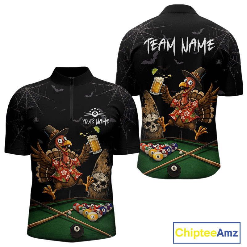 Funny Turkey Jumping With Beer Halloween Pool Billiard Shirt Custom Halloween Billiard Jersey For Men NYN4241