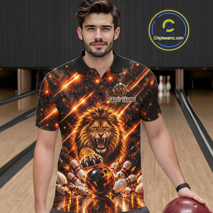 Fire Lion Bowling Shirt For Men Custom Lion Thunder Bowler Polo 1/4-Zip Jersey Bowling Team League NYN4637