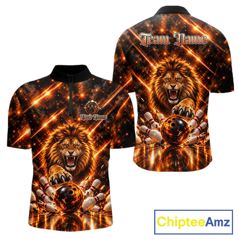 Fire Lion Bowling Shirt For Men Custom Lion Thunder Bowler Polo 1/4-Zip Jersey Bowling Team League NYN4637