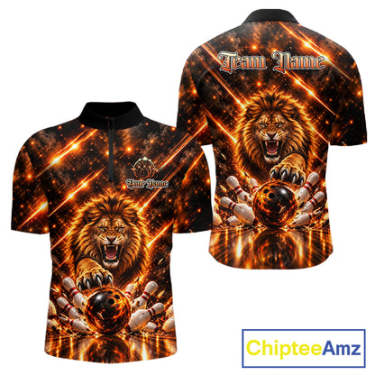 Fire Lion Bowling Shirt For Men Custom Lion Thunder Bowler Polo 1/4-Zip Jersey Bowling Team League NYN4637