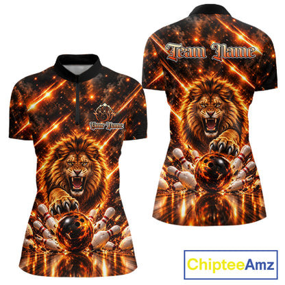 Fire Lion Bowling Shirt For Women Custom Lion Thunder Bowler Polo 1/4-Zip Jersey Bowling Team League NYN4637