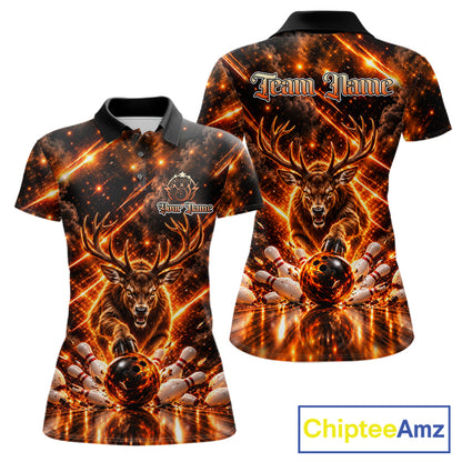 Fire Deer Bowling Shirt For Women Custom Deer Thunder Bowler Polo 1/4-Zip Jersey Bowling Team League NYN4638