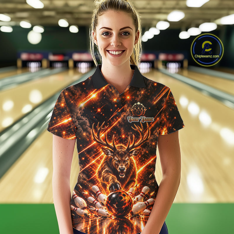 Fire Deer Bowling Shirt For Women Custom Deer Thunder Bowler Polo 1/4-Zip Jersey Bowling Team League NYN4638