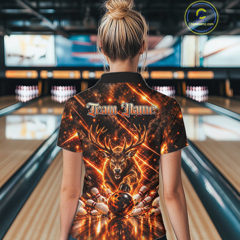 Fire Deer Bowling Shirt For Women Custom Deer Thunder Bowler Polo 1/4-Zip Jersey Bowling Team League NYN4638