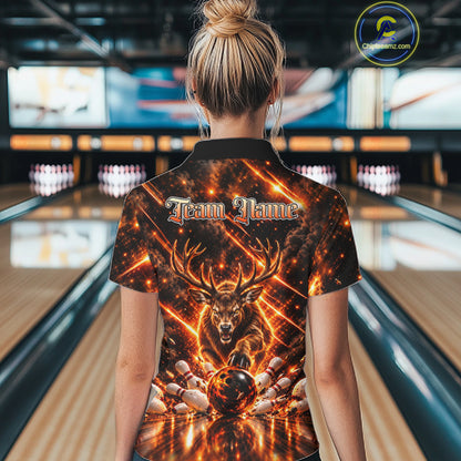 Fire Deer Bowling Shirt For Women Custom Deer Thunder Bowler Polo 1/4-Zip Jersey Bowling Team League NYN4638