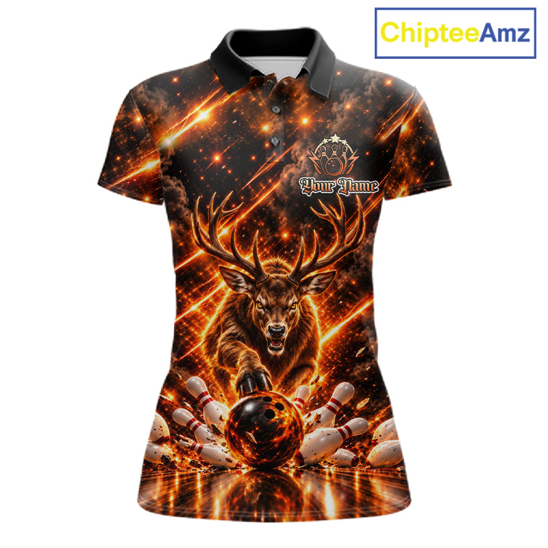 Fire Deer Bowling Shirt For Women Custom Deer Thunder Bowler Polo 1/4-Zip Jersey Bowling Team League NYN4638