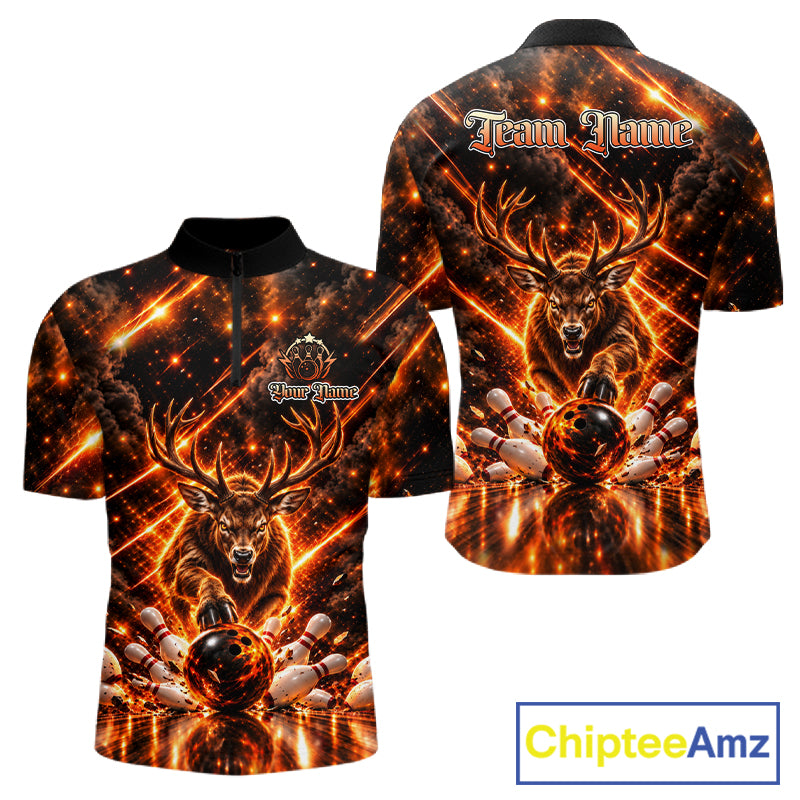 Fire Deer Bowling Shirt For Men Custom Deer Thunder Bowler Polo 1/4-Zip Jersey Bowling Team League NYN4638