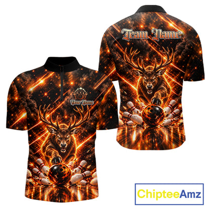 Fire Deer Bowling Shirt For Men Custom Deer Thunder Bowler Polo 1/4-Zip Jersey Bowling Team League NYN4638