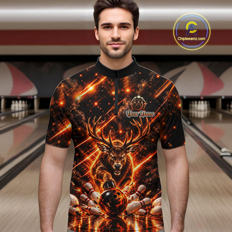 Fire Deer Bowling Shirt For Men Custom Deer Thunder Bowler Polo 1/4-Zip Jersey Bowling Team League NYN4638