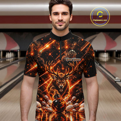 Fire Deer Bowling Shirt For Men Custom Deer Thunder Bowler Polo 1/4-Zip Jersey Bowling Team League NYN4638