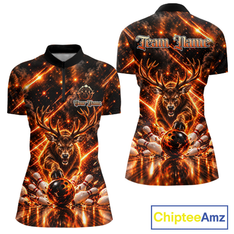 Fire Deer Bowling Shirt For Women Custom Deer Thunder Bowler Polo 1/4-Zip Jersey Bowling Team League NYN4638