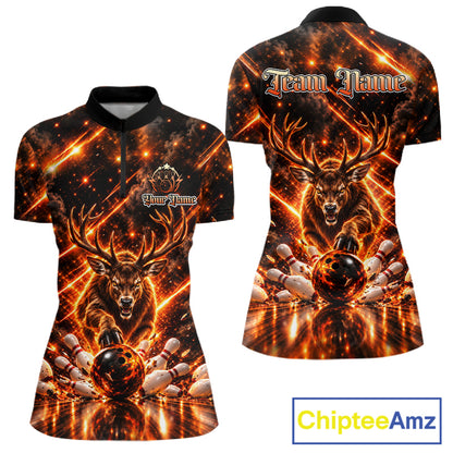Fire Deer Bowling Shirt For Women Custom Deer Thunder Bowler Polo 1/4-Zip Jersey Bowling Team League NYN4638