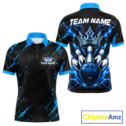 Custom Black And Blue Neon Bowling Polo 1/4-Zip For Men Crown Bowler Jersey Bowling League NYN4642