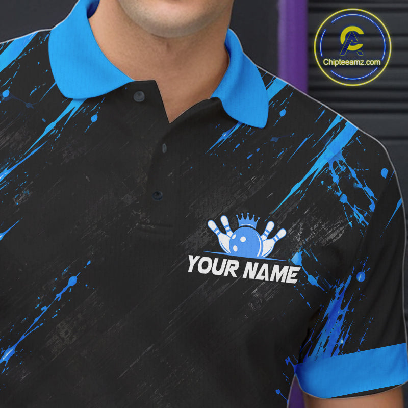 Custom Black And Blue Neon Bowling Polo 1/4-Zip For Men Crown Bowler Jersey Bowling League NYN4642