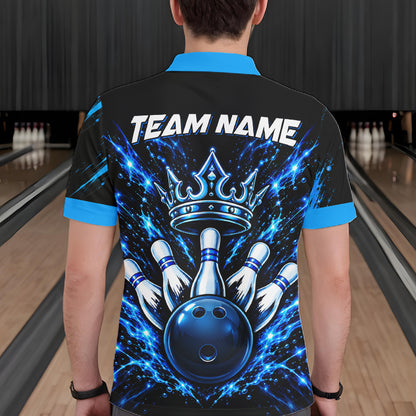 Custom Black And Blue Neon Bowling Polo 1/4-Zip For Men Crown Bowler Jersey Bowling League NYN4642
