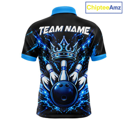 Custom Black And Blue Neon Bowling Polo 1/4-Zip For Men Crown Bowler Jersey Bowling League NYN4642