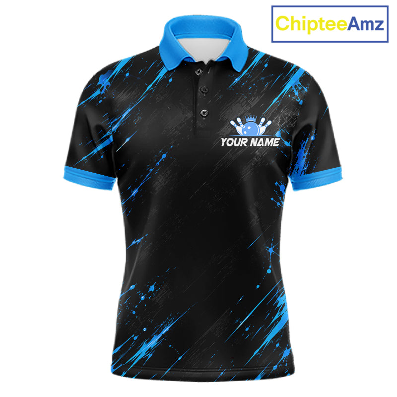 Custom Black And Blue Neon Bowling Polo 1/4-Zip For Men Crown Bowler Jersey Bowling League NYN4642