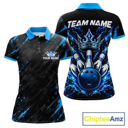 Custom Black And Blue Neon Bowling Polo 1/4-Zip For Women Crown Bowler Jersey Bowling League NYN4642