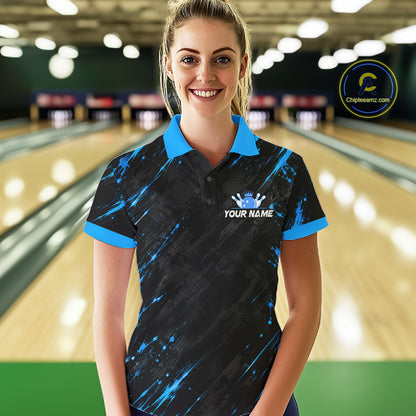 Custom Black And Blue Neon Bowling Polo 1/4-Zip For Women Crown Bowler Jersey Bowling League NYN4642