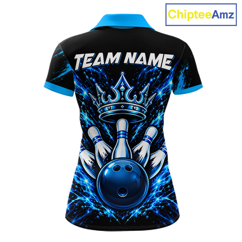 Custom Black And Blue Neon Bowling Polo 1/4-Zip For Women Crown Bowler Jersey Bowling League NYN4642