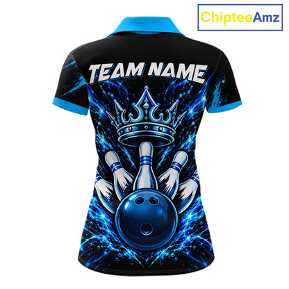 Custom Black And Blue Neon Bowling Polo 1/4-Zip For Women Crown Bowler Jersey Bowling League NYN4642