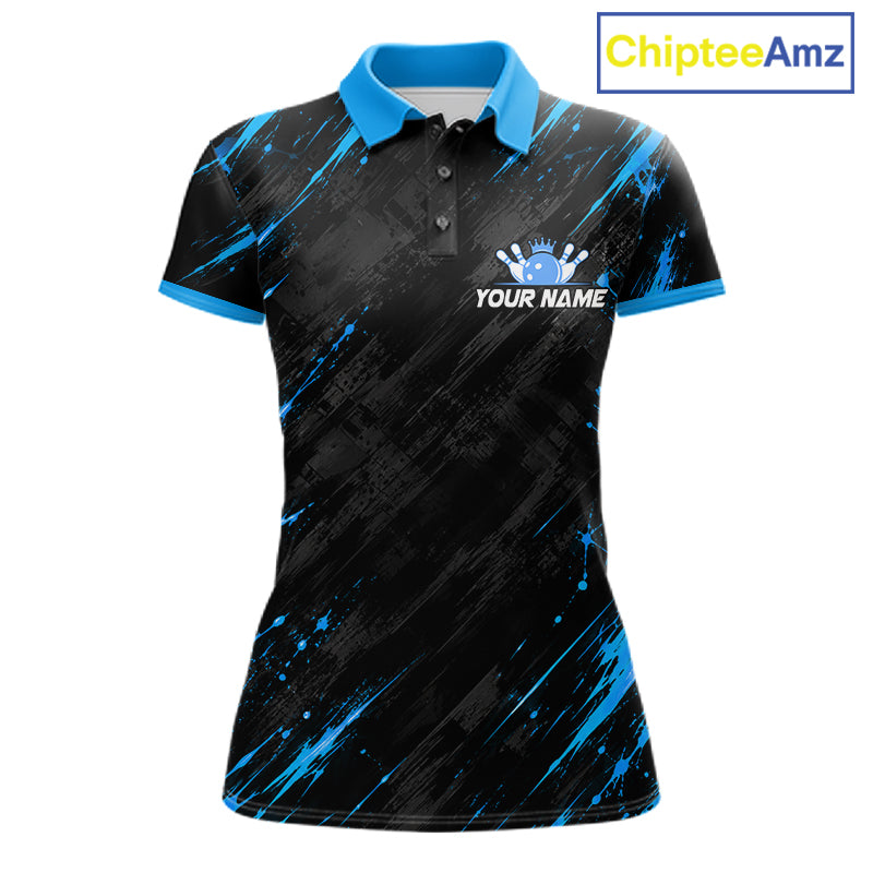 Custom Black And Blue Neon Bowling Polo 1/4-Zip For Women Crown Bowler Jersey Bowling League NYN4642
