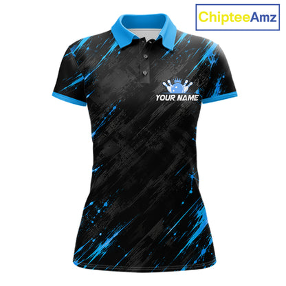 Custom Black And Blue Neon Bowling Polo 1/4-Zip For Women Crown Bowler Jersey Bowling League NYN4642