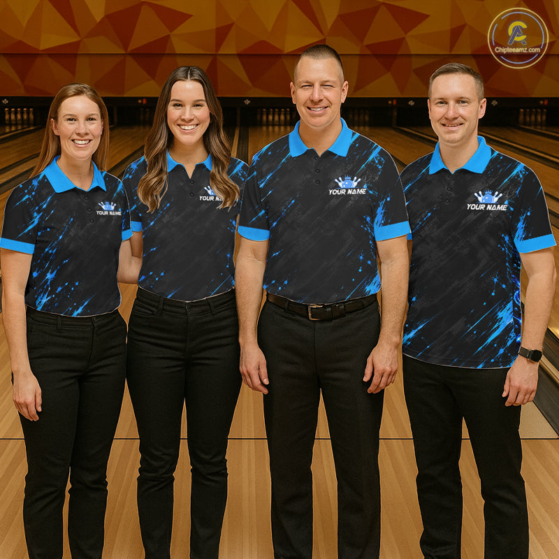 Custom Black And Blue Neon Bowling Polo 1/4-Zip For Men Crown Bowler Jersey Bowling League NYN4642