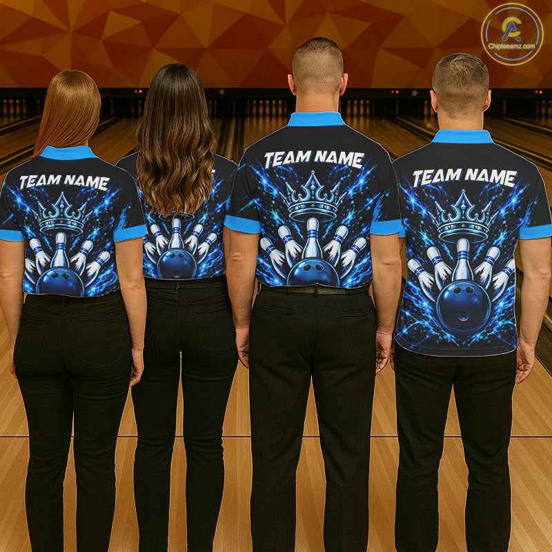 Custom Black And Blue Neon Bowling Polo 1/4-Zip For Men Crown Bowler Jersey Bowling League NYN4642