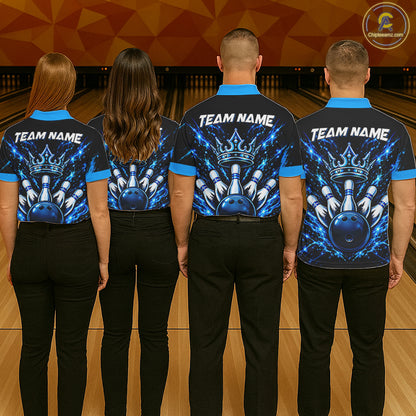 Custom Black And Blue Neon Bowling Polo 1/4-Zip For Men Crown Bowler Jersey Bowling League NYN4642