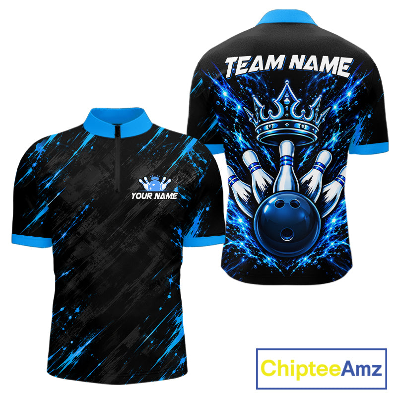 Custom Black And Blue Neon Bowling Polo 1/4-Zip For Men Crown Bowler Jersey Bowling League NYN4642
