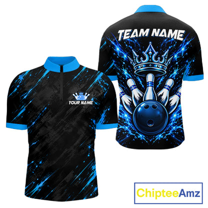 Custom Black And Blue Neon Bowling Polo 1/4-Zip For Men Crown Bowler Jersey Bowling League NYN4642
