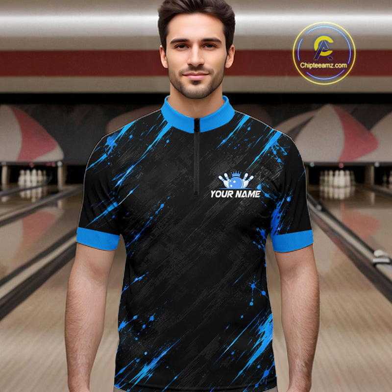 Custom Black And Blue Neon Bowling Polo 1/4-Zip For Men Crown Bowler Jersey Bowling League NYN4642