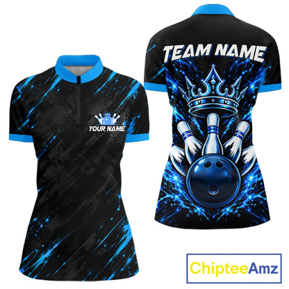 Custom Black And Blue Neon Bowling Polo 1/4-Zip For Women Crown Bowler Jersey Bowling League NYN4642