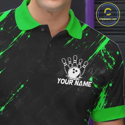 Custom Black And Green Neon Bowling Polo 1/4-Zip For Men Wildcat Bowler Jersey Bowling League NYN4643