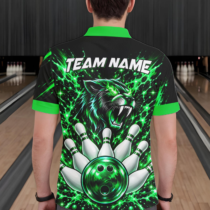 Custom Black And Green Neon Bowling Polo 1/4-Zip For Men Wildcat Bowler Jersey Bowling League NYN4643