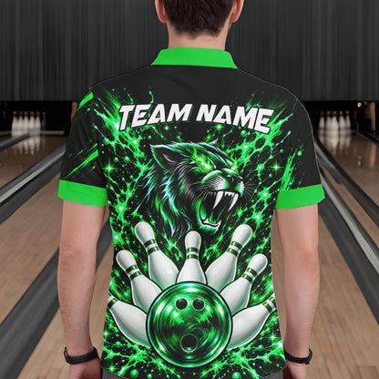 Custom Black And Green Neon Bowling Polo 1/4-Zip For Men Wildcat Bowler Jersey Bowling League NYN4643