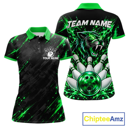 Custom Black And Green Neon Bowling Polo 1/4-Zip For Women Wildcat Bowler Jersey Bowling League NYN4643