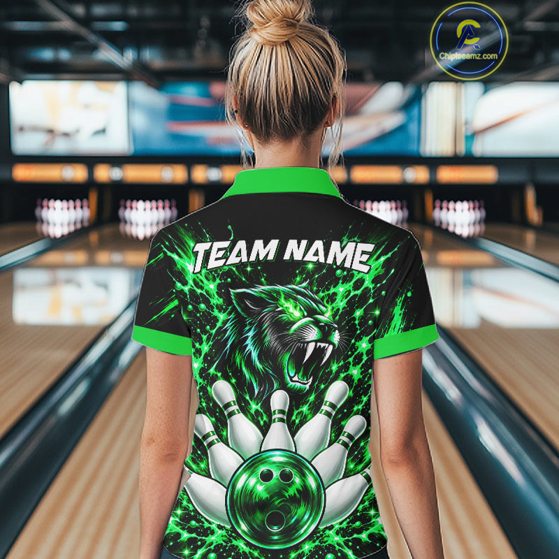 Custom Black And Green Neon Bowling Polo 1/4-Zip For Women Wildcat Bowler Jersey Bowling League NYN4643
